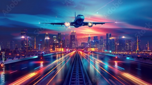 A vector design art depicting an urban scene with an automobile highway, infrastructure, and transportation panorama. The illustration includes an airplane flying, a train in motion, a night cityscape