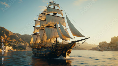 A Roman merchant ship sailing across the Mediterranean, its billowing sails carrying it towards