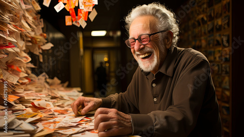Reading letters from HIS Grandchildren, An Elderly Man Smiles, Immersed in the Heartwarming Sen