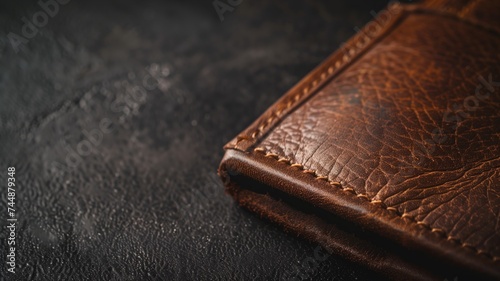 A close-up of a brown leather wallet with detailed stitching