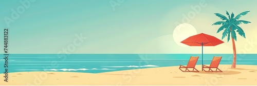 Spring break concept - modern illustration for a vacation with fun in the sun. Umbrella and chair