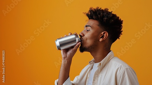 Man drinking soda from a blank can - marketing template 