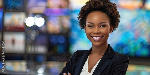 Black female news anchor - TV broadcaster and newsreader for mainstream and local media.
