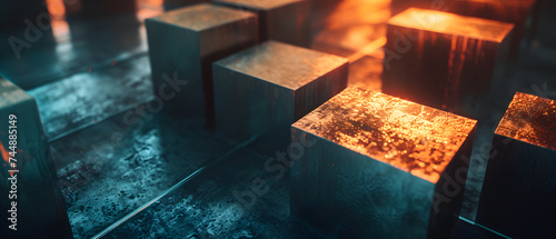 Abstract Metal Cubic Formation Platform with Bright Lighting
