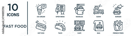 fast food outline icon set includes thin line ice cream, noodles, burger, taco, bag, french fries, hot dog icons for report, presentation, diagram, web design