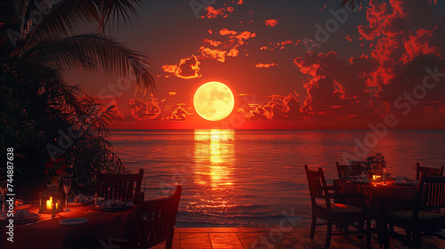 romantic dinner on the beach at sunset, A Table Set up for a romantic meal on the beach with lanterns and chairs and flowers with palms and sky and sea in the background