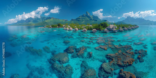 Luxury travel vacation destination panoramic banner. overwater bungalow villas of Tahiti resort, Bora Bora, French Polynesia. Landscape copy space panorama