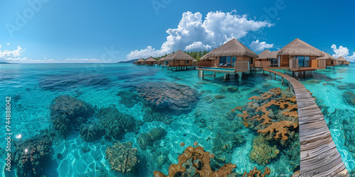Luxury travel vacation destination panoramic banner. Romantic honeymoon getaway in overwater bungalow villas of Maldives, Landscape copy space panorama