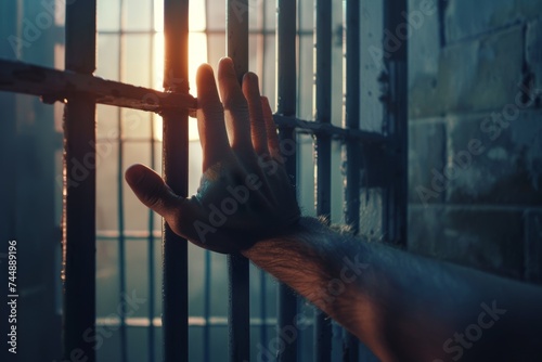 Hand Reaching Out of Jail Cell Door. Generative AI