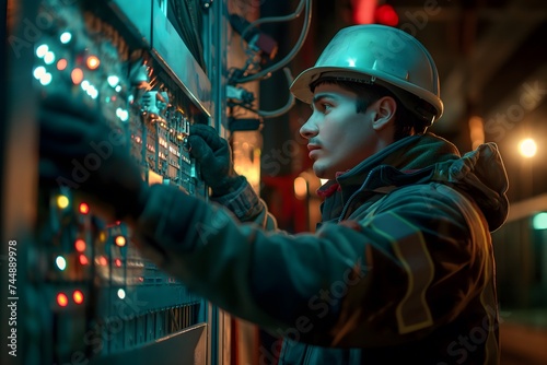 Elektriker arbeitet an einem Schaltkasten, Mann in Kleidung eines Handwerkers