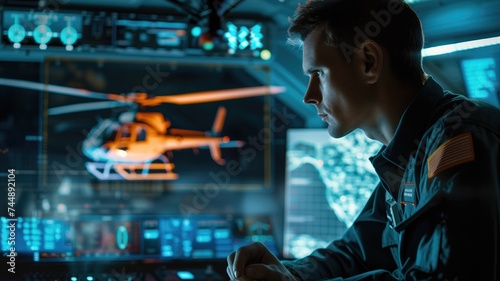 Pilot monitoring helicopter operations on computer screens