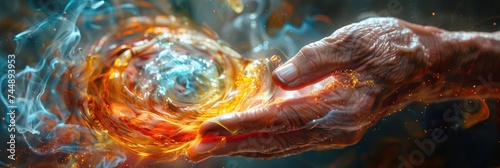 A hand tightly grips a ball of fire and water in a striking contrast of elements.
