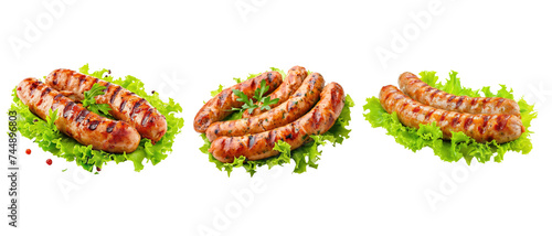 Grilled chicken sausage with lettuce isolated on transparent background