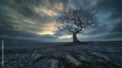 Um solitário carvalho resistindo à tempestade raízes firmes no solo sob um céu dramático e promissor
