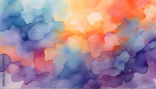 Watercolor abstract background. Smooth transitions of iridescent colors. Gradient blue, purple, orange backdrop.