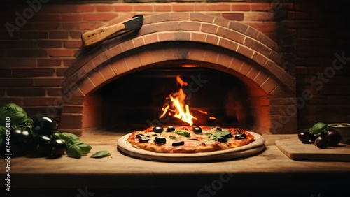 Pizza baked in a fireplace. The pizza is topped with cheese, tomato sauce, basil, and olives.