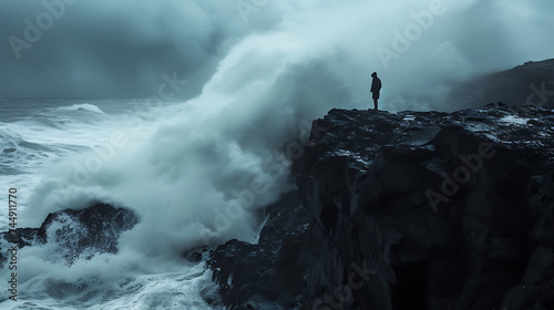 Silhueta resiliente Pessoa contemplando o oceano durante um pôr do sol turbulento transmitindo calma e determinação