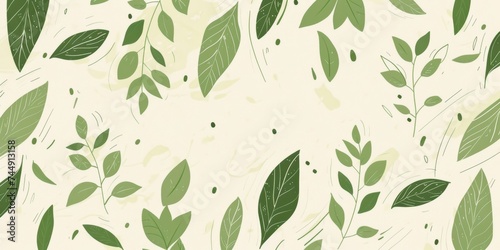 Hand-drawn style leaf illustrations scattered on a cream background, depicting a whimsical, eco theme.