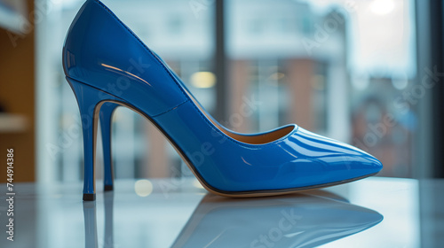 A pair of blue high heel stilettos is placed on a table near the windows in a department store