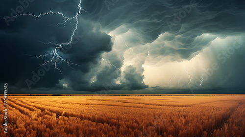 A thunderstorm brewing over a wheat field.