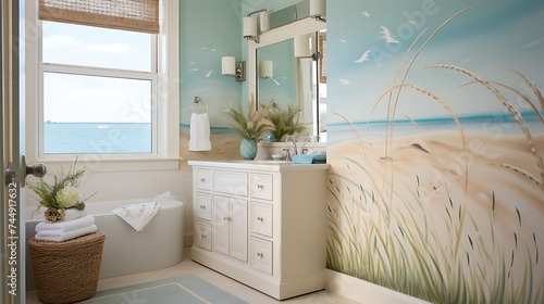 A beach-themed bathroom with a seascape mural on the sandy beige wall and a bouquet of beach grass on the vanity.