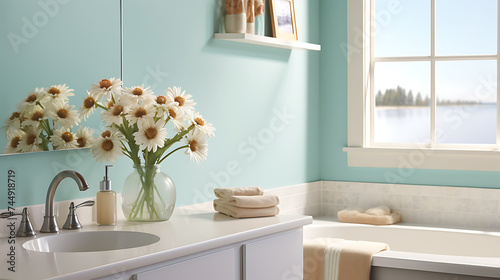 A coastal-themed bathroom with seashell art on the turquoise wall and a bouquet of beach daisies on the vanity.