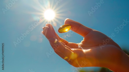 A girl holding a vitamin D tablet over a setting of a blue sky with natural daylight and space, Generative AI.