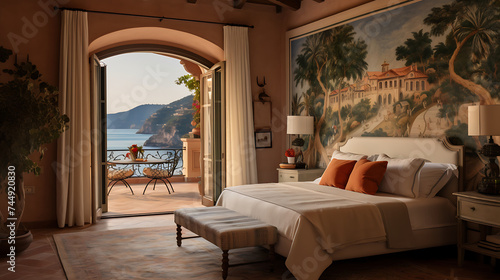 A Mediterranean-inspired bedroom with a mural of a seaside village on the terracotta wall and a bouquet of olive branches.