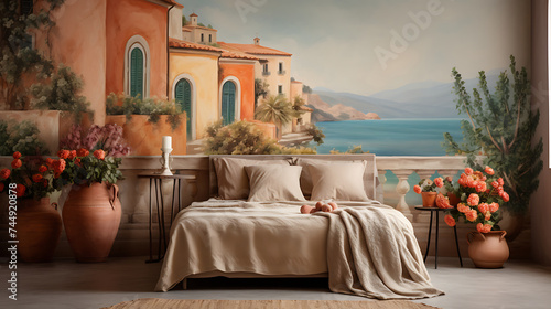 A Mediterranean-inspired bedroom with a mural of a seaside village on the terracotta wall and a bouquet of olive branches.
