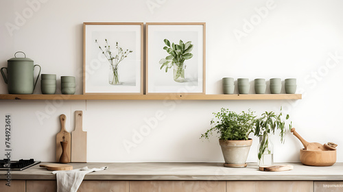 A Scandinavian kitchen with minimalist watercolor prints on the white wall and a bouquet of fresh herbs in a sleek vase.