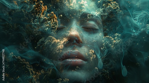 A woman's face sleep submerged under fog, surrounded by ethereal blooms and tendrils of light, creating a tranquil and otherworldly visage.