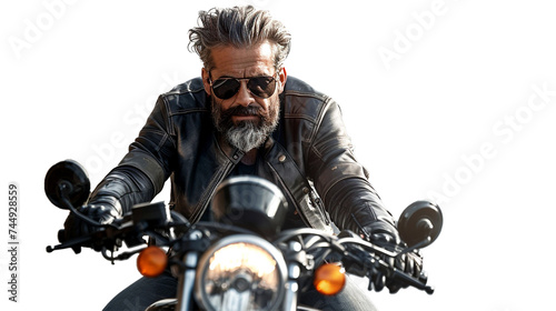 A bearded man in a leather jacket and sunglasses, riding a motorcycle on a road, isolated on transparent background, png format