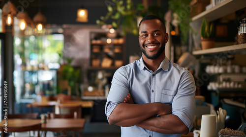 Cheerful African American male cafe owner with arms crossed, standing in his cozy coffee shop.