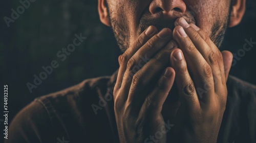 a man's both hands holding his mouth with a shock terrified look. Copy space with a dark background.