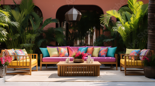 A tropical outdoor lounge with a bamboo sofa set, palm trees, and colorful outdoor cushions for a resort-like atmosphere.