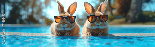 Resting Cute Bunny Rabbits with Sunglasses extreme closeup. Generative AI