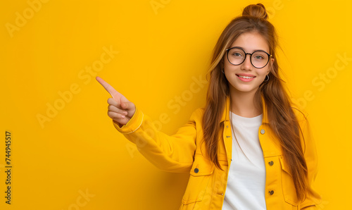 children standing isolated on yellow, looking up, smiling and pointing index finger to right side at blank copyspace background. Happy teen girl showing good discount or interesting idea