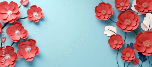 Paper cut red and white flowers on blue background. Floral banner, poster, template with copy space. 