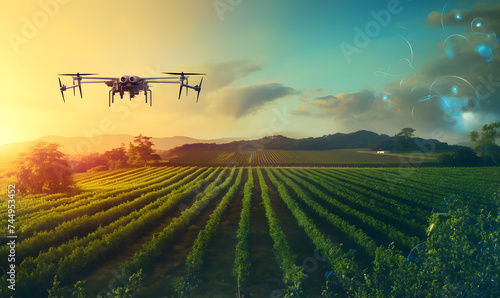 drone flying on farmland at sunrise background