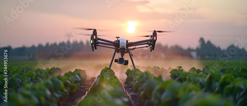 Smart farm drone flying spray Modern technologies in agriculture. industrial drone flies over green field and sprays useful pesticides to increase productivity destroys harmful insects.