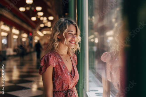 A smiling attractive Caucasian shopaholic looking in some shop window