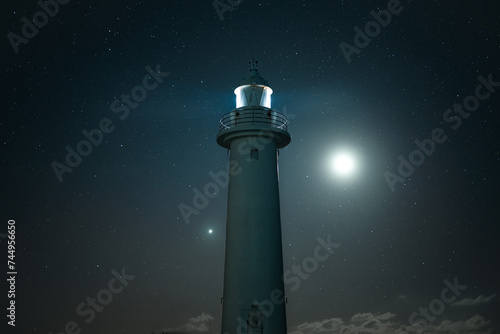 夜明け前の爪木崎灯台と月
