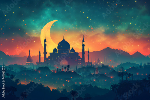 Ramadan mosque with night afterglow sky with crescent, neural network generated image