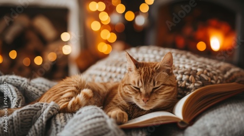 A contented ginger cat dozes off on a snug blanket, with an open book, by the warm glow of a fireside and twinkling lights.