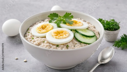 Breakfast oatmeal porridge with boiled eggs, cucumber and green herbs