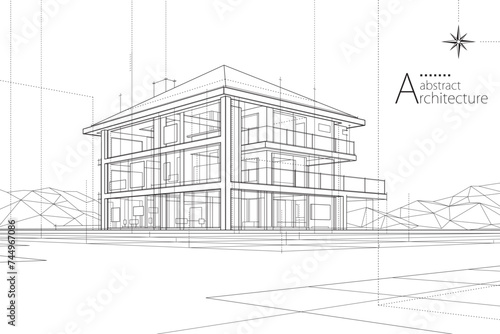 3D illustration abstract urban building out-line drawing of imagination architecture building construction design. 