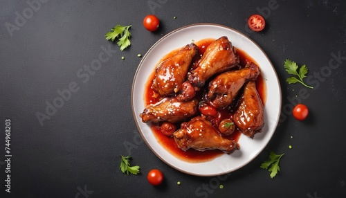 Baked chicken wings in the Asian style and tomatoes sauce on plate