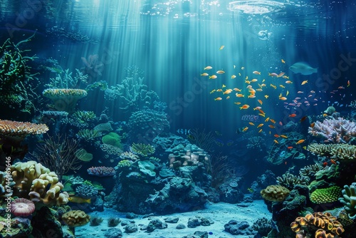 Some corals under the ocean with sun rays shining from them, in the style of naturalist aesthetic, environmental awareness, wetcore, exacting precision, environmental activism, ocean academia, marine 