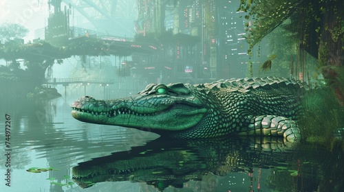 Futuristic cyberpunk crocodile patrolling a dystopian waterway laser eyes scanning blending nature with high tech