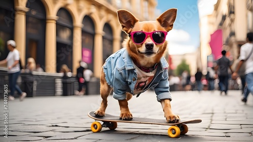 Dog dressed for summer in a Hawaii frock and hat with sunglasses, Dog Dressed As A Rapper, Dog Hip Hop Scene, Dog Fashion, and Who Dresses Dogs, dog with a hat, sunglasses, and an elegant suit, Dog